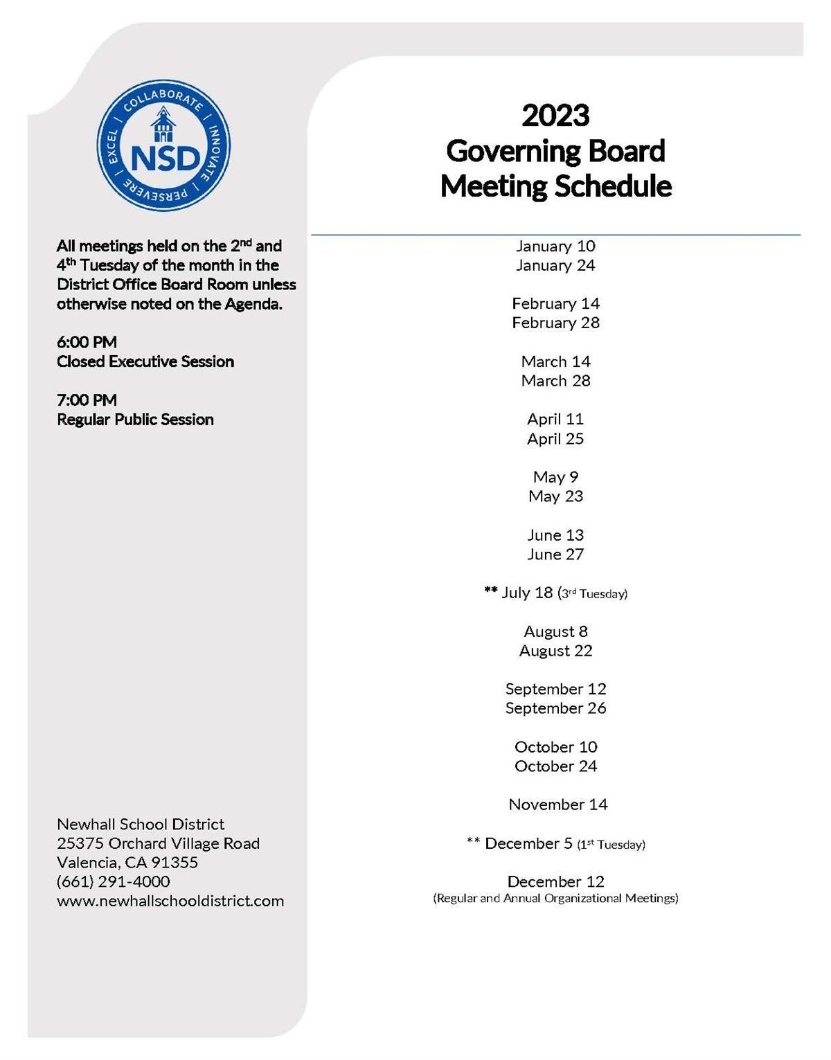 2022 Board Meeting Schedule 